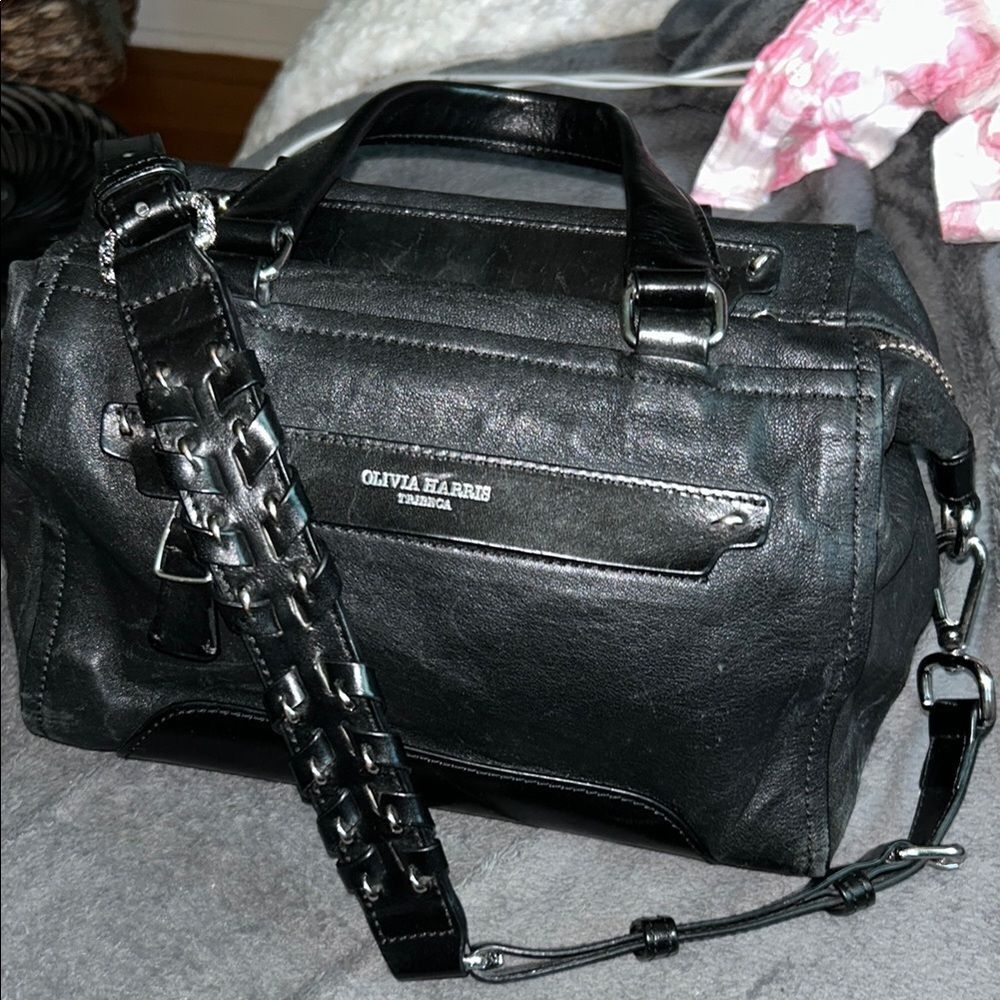 Olivia Harris Black Leather Duffel Bag with Modern Chain-Link Design